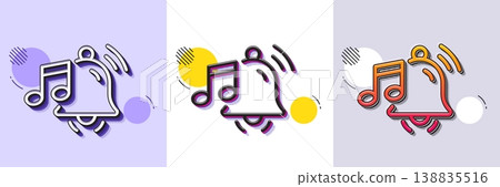 Alarm clock sound line icon. Halftone dotted pattern. Gradient icon with grain shadow. Reminder bell music sign. Notification musical note symbol. Line alarm sound icon. Various designs. Vector 138835516