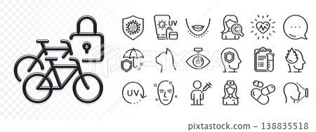 Psychology, Sunscreen and Capsule pill line icons for web app. Glare of light effect. Message icon. Pack of Umbrella, Pets care, Stress pictogram icons. Vector 138835518