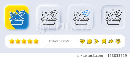Hand washing line icon. Neumorphic, Flat shadow, 3d buttons. Laundry service sign. Clothing cleaner symbol. Line hand washing icon. Social media icons. Vector 138835519