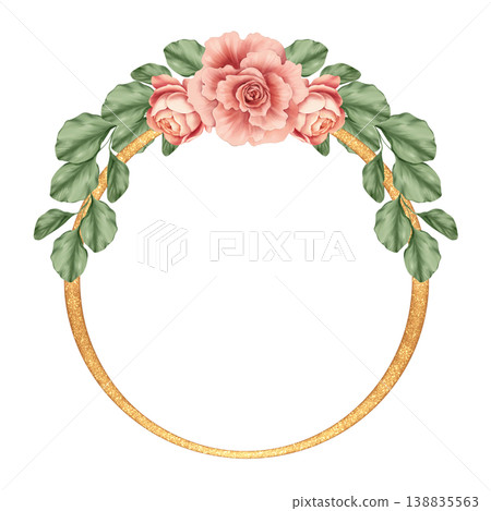 Elegant round golden glitter frame wreath decorated with hand drawn pink roses and green leaves. Botanical floral aesthetic perfect for wedding invitations, minimal greeting cards, elegant logos or Elegant round golden glitter frame wreath decorated with hand drawn pink roses and green leaves. Botanical floral aesthetic perfect for wedding invitations, minimal greeting cards, elegant logos or 138835563