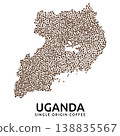 Shape of Uganda map made of scattered coffee beans, country name below 138835567