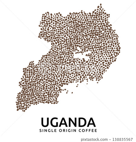 Shape of Uganda map made of scattered coffee beans, country name below Shape of Uganda map made of scattered coffee beans, country name below 138835567