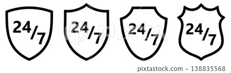 24/7 icon in shield shape, different versions. Nonstop protection concept or all time security 24/7 icon in shield shape, different versions. Nonstop protection concept or all time security 138835568