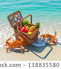 Wicker picnic basket with tropical fruit and two crabs on a sandy beach by turquoise water. Summer picnic, tropical vacation, beach food, seaside leisure, coastal travel. 138835580