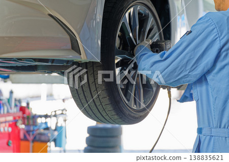 A worker servicing car tires at a repair shop. A worker servicing car tires at a repair shop. 138835621