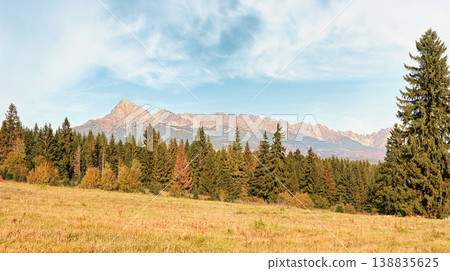 Autumn meadows near country road, panorama of Tatry mountains with Krivan peak (Slovak symbol) as seen from Vazec village, in distance 138835625