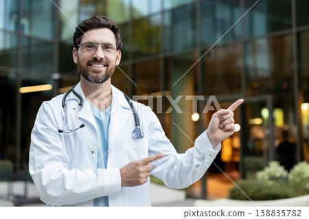 Smiling male doctor wearing a white lab coat, stethoscope, and glasses, confidently pointing for a medical presentation or advertisement in front of a modern hospital building Smiling male doctor wearing a white lab coat, stethoscope, and glasses, confidently pointing for a medical presentation or advertisement in front of a modern hospital building 138835782