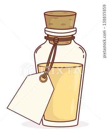Glass Bottle With Cork Stopper And Blank Tag. Gold Liquid In Jar Vial. Organic Essential Oil Container With Paper Label Mockup. Vector Illustration. Glass Bottle With Cork Stopper And Blank Tag. Gold Liquid In Jar Vial. Organic Essential Oil Container With Paper Label Mockup. Vector Illustration. 138835859