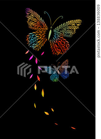 Beautiful colorful abstract butterfly on a black background . Hand drawn. Not AI, vector illustration. Beautiful colorful abstract butterfly on a black background . Hand drawn. Not AI, vector illustration. 138836009