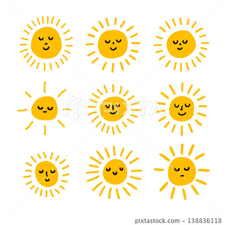 Cute sun vector face cartoon icon. Emoji sun kawai smile logo Cute sun vector face cartoon icon. Emoji sun kawai smile logo 138836118