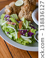 Fresh Salad with Fried Chicken Close Up Food Detail 138836127