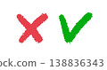 Grunge hand drawn tick check and cross mark. Crayon brush drawn symbols OK, YES and NO, X. Tick V and cross X for check box. True and false icons. Vector illustration isolated on white background 138836343