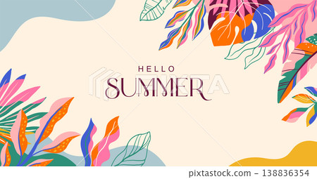 Exotic Hello Summer background with colorful jungle leaves. Modern tropical banner and poster vector 138836354