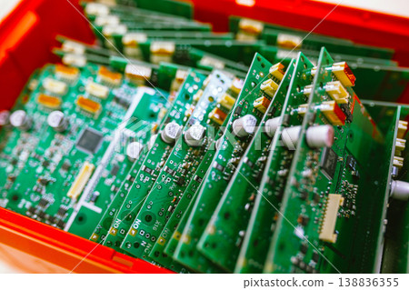 Closeup of Lot of Electronic Printed Circuit Boards with Lots of Surface Mounted Components. Horizontal Image Orientation. 138836355