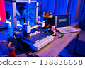 A 3D printer is actively creating the word HOME in white plastic filament on its build plate, illuminated by blue and pink lights 138836658