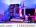 A modern 3D printer is actively creating an object in a workshop illuminated by vibrant blue and pink neon lights, showcasing innovation and technology 138836660