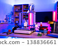 A modern 3D printer is actively creating an object on its build plate, surrounded by spools of colorful filament and crafting tools under vibrant neon lighting 138836661