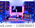 A modern 3D printing workstation is set up with a printer, filament spools, tools, and a laptop displaying the word HOME, illuminated by vibrant neon lights 138836663