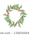 Coffee branches with red berries watercolor round wreath illustration. Realistic green plant with coffee cherries and beans sticker template with copy space. Hand drawn botanical frame clip art. Coffee branches with red berries watercolor round wreath illustration. Realistic green plant with coffee cherries and beans sticker template with copy space. Hand drawn botanical frame clip art. 138836844