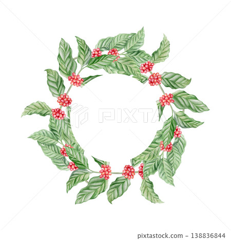 Coffee branches  with red berries  watercolor  round wreath  illustration. Realistic green plant  with coffee cherries and beans sticker template with copy space.  Hand drawn botanical frame clip art. 138836844