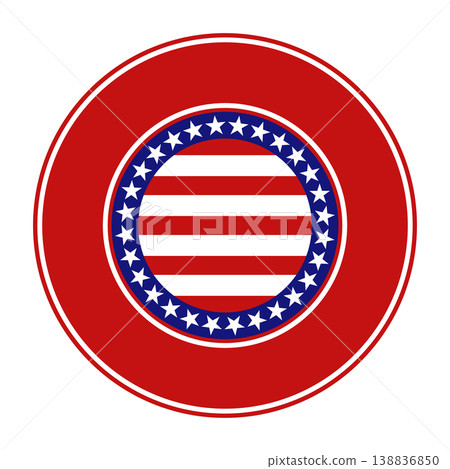 American patriotic circular badge with horizontal red stripes and blue star ring. Vector illustration American patriotic circular badge with horizontal red stripes and blue star ring. Vector illustration 138836850