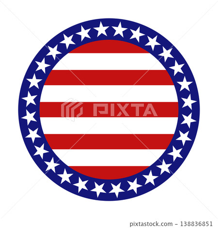 American patriotic circular badge with horizontal red stripes and blue star ring. Vector illustration American patriotic circular badge with horizontal red stripes and blue star ring. Vector illustration 138836851