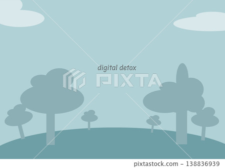 Minimalistic blue countryside scene with stylized trees and clouds and digital detox wording concept artwork representing screen lifestyle release from constant connectivity tech balance mindfulness Minimalistic blue countryside scene with stylized trees and clouds and digital detox wording concept artwork representing screen lifestyle release from constant connectivity tech balance mindfulness 138836939