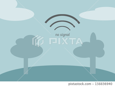 Minimal landscape illustration with trees clouds and no signal wifi icon Minimal landscape illustration with trees clouds and no signal wifi icon 138836940