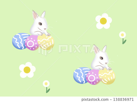 Seamless easter pattern with white bunny sitting on colorful decorated eggs and simple daisy flowers on light green background cute spring illustration for wallpaper, textile wrapping paper decor 138836971