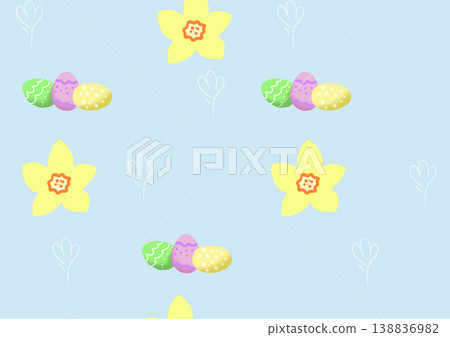 Seamless easter pattern with yellow daffodil flowers and colorful decorated eggs on blue background pastel spring illustration for wrapping paper textile fabric greeting cards, festive holiday design Seamless easter pattern with yellow daffodil flowers and colorful decorated eggs on blue background pastel spring illustration for wrapping paper textile fabric greeting cards, festive holiday design 138836982