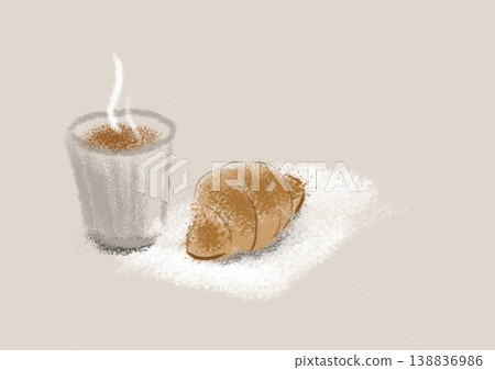 Hot coffee in cup with fresh croissant, cozy morning atmosphere, aromatic vibe Hot coffee in cup with fresh croissant, cozy morning atmosphere, aromatic vibe 138836986