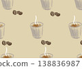 Beige background with coffee in paper cup, rising steam and scattered coffee beans, cozy coffee shop atmosphere, warm beverage illustration, ideal for cafe branding, menu design, coffee packaging 138836987