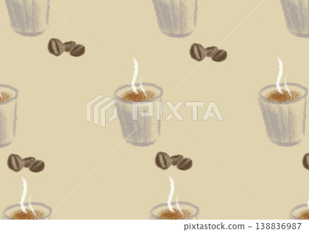 Beige background with coffee in paper cup, rising steam and scattered coffee beans, cozy coffee shop atmosphere, warm beverage illustration, ideal for cafe branding, menu design, coffee packaging Beige background with coffee in paper cup, rising steam and scattered coffee beans, cozy coffee shop atmosphere, warm beverage illustration, ideal for cafe branding, menu design, coffee packaging 138836987