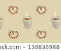Seamless pretzel pattern with hot tea cup and steam on beige background sketch 138836988