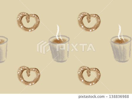 Seamless pretzel pattern with hot tea cup and steam on beige background sketch Seamless pretzel pattern with hot tea cup and steam on beige background sketch 138836988