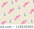 Seamless candy pattern with pink caramels and chocolate sweets in blue wrappers on beige background, decorative confectionery backdrop for packaging design, wallpaper, textile print, shop branding 138836989