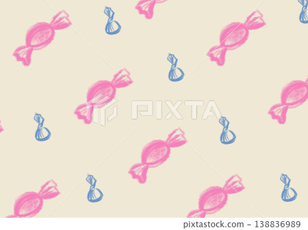 Seamless candy pattern with pink caramels and chocolate sweets in blue wrappers on beige background, decorative confectionery backdrop for packaging design, wallpaper, textile print, shop branding 138836989