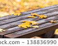 Yellow autumn leaves on wooden table in cozy atmosphere 138836990