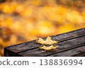 Yellow autumn leaves on wooden table in cozy atmosphere 138836994