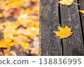 Yellow autumn leaves on wooden table in cozy atmosphere 138836995