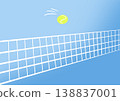 Padel tennis yellow ball flying over net, blue background, dynamic sport action 138837001