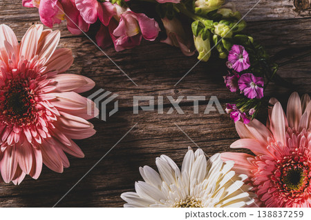 Colorful Gerbera Daisies on Rustic Wood Background. Gerbera Flowers on Wooden Surface. Colorful Gerbera Daisies on Rustic Wood Background. Gerbera Flowers on Wooden Surface. 138837259