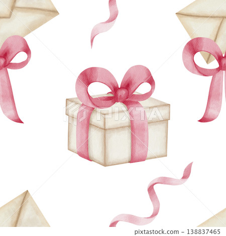 Seamless watercolor pattern of hand-drawn gift boxes with pink ribbons and vintage envelopes on white background, ideal for festive wrapping paper and greeting card designs, valentine day 138837465
