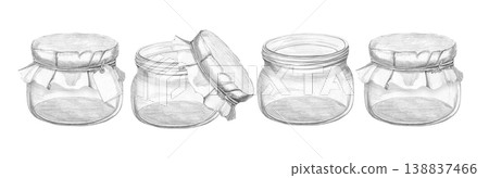 Set of hand-drawn pencil sketches featuring vintage glass jars with paper covers and tags, isolated on white background, for kitchen labels, jam packaging, and rustic craft designs Set of hand-drawn pencil sketches featuring vintage glass jars with paper covers and tags, isolated on white background, for kitchen labels, jam packaging, and rustic craft designs 138837466