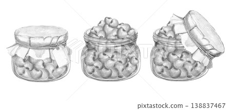 Hand-drawn monochrome pencil sketches set of vintage glass jars filled with cherries or berries, featuring paper lids and tags isolated on white background, for rustic kitchen, jam packaging design Hand-drawn monochrome pencil sketches set of vintage glass jars filled with cherries or berries, featuring paper lids and tags isolated on white background, for rustic kitchen, jam packaging design 138837467