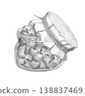 Detailed black and white pencil sketch of rustic glass jar overflowing with fresh cherries, featuring paper lid and twine, isolated on white background for jam labels and culinary design 138837469