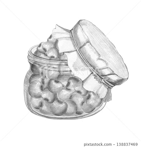 Detailed black and white pencil sketch of rustic glass jar overflowing with fresh cherries, featuring paper lid and twine, isolated on white background for jam labels and culinary design 138837469
