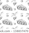 Seamless pattern of detailed pencil sketches of cherry pie slices and fresh botanical berry branches, perfect for rustic bakery branding, menus, and kitchen textile design 138837470