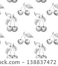 Seamless pattern with hand-drawn pencil sketches of fresh cherries on branches with leaves and blossoms, ideal for rustic orchard branding and organic food packaging design. White background. 138837472