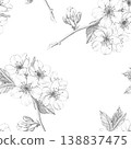 Seamless botanical pattern, hand-drawn pencil sketches of cherry blossoms and spring flower branches on white background, perfect for rustic wedding stationery and textiles, cosmetic packaging 138837475